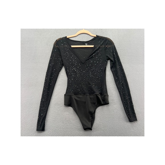 Windsor Tops - Windsor Bodysuit Womens S Black Rhinestone Embellished Mesh Long Sleeve